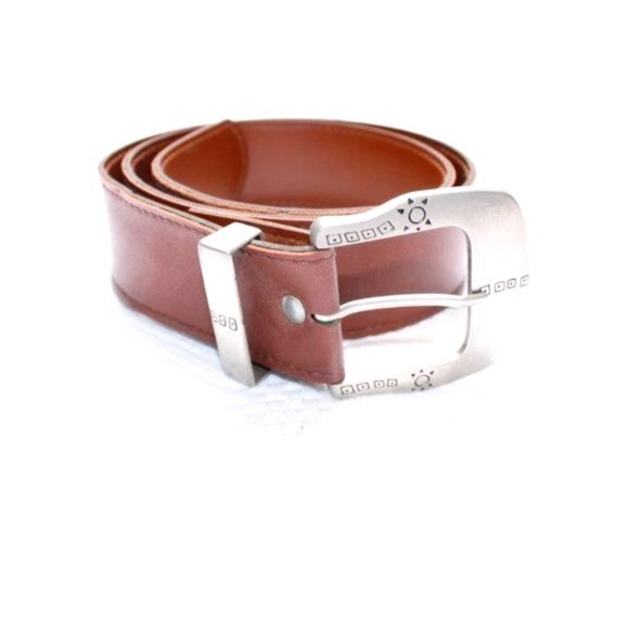 Accessories - Tan PVC Leather Belt Silver Engraved Buckle 36"